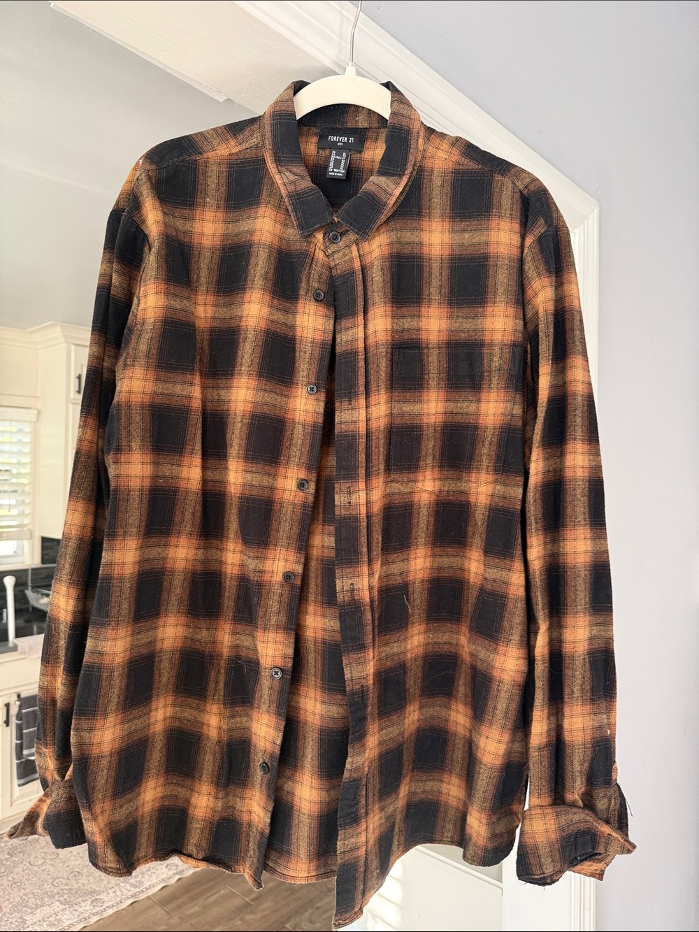 Forever 21 Men's Orange and Black Plaid Button-Down Shirt